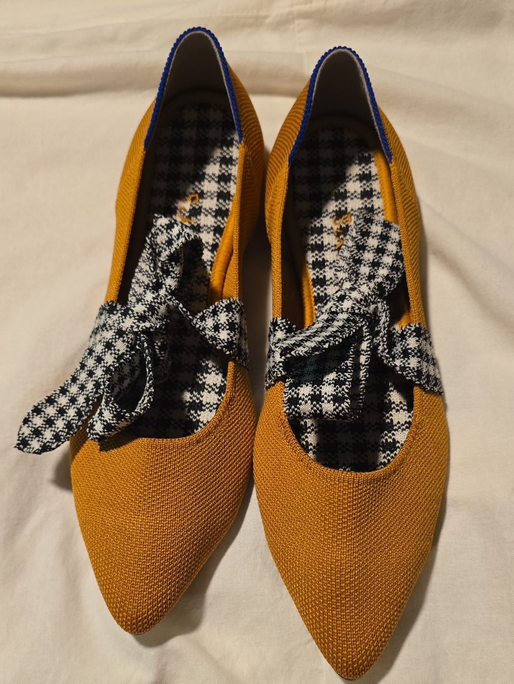 Women’s RothyMustard Yellow Pointed Toe Flats with Black & White Houndstooth Bow
